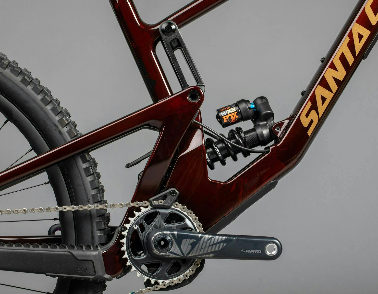 The Santa Cruz Nomad 5 - crank, rear shock, and front and rear triangles
