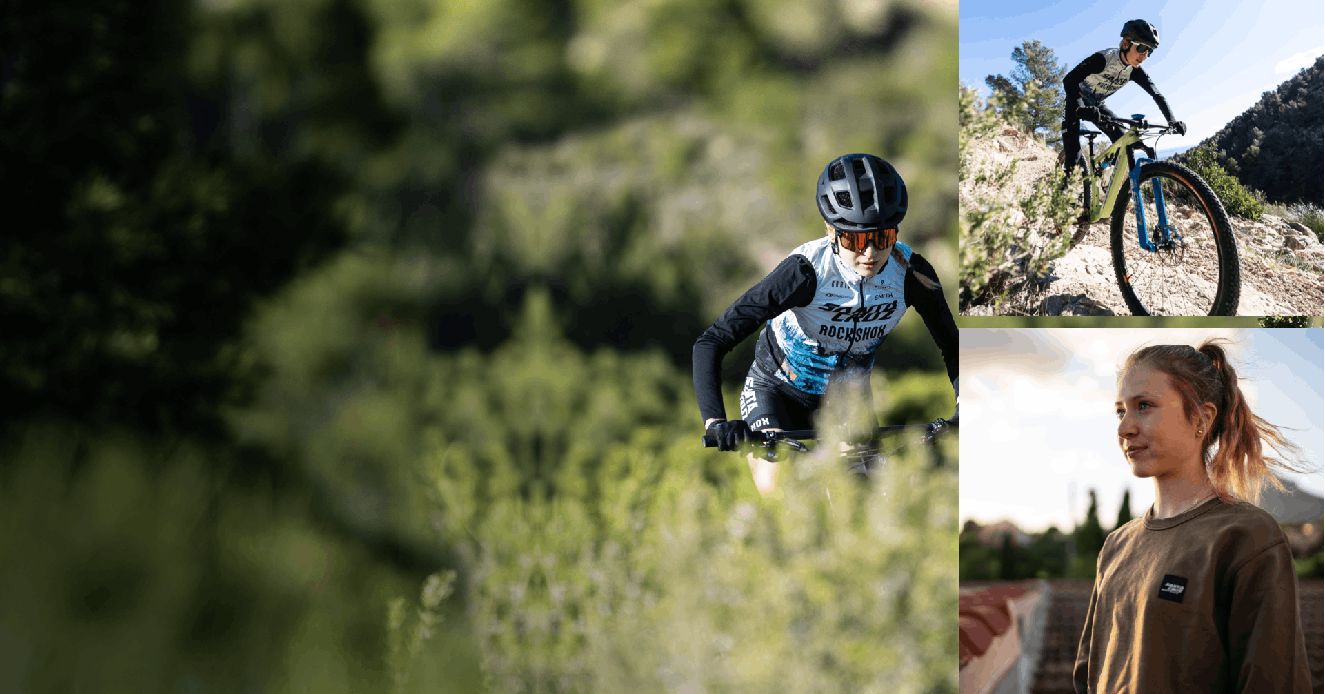 A three photo collage of Santa Cruz Rockshox Rider Sara Cortinovis