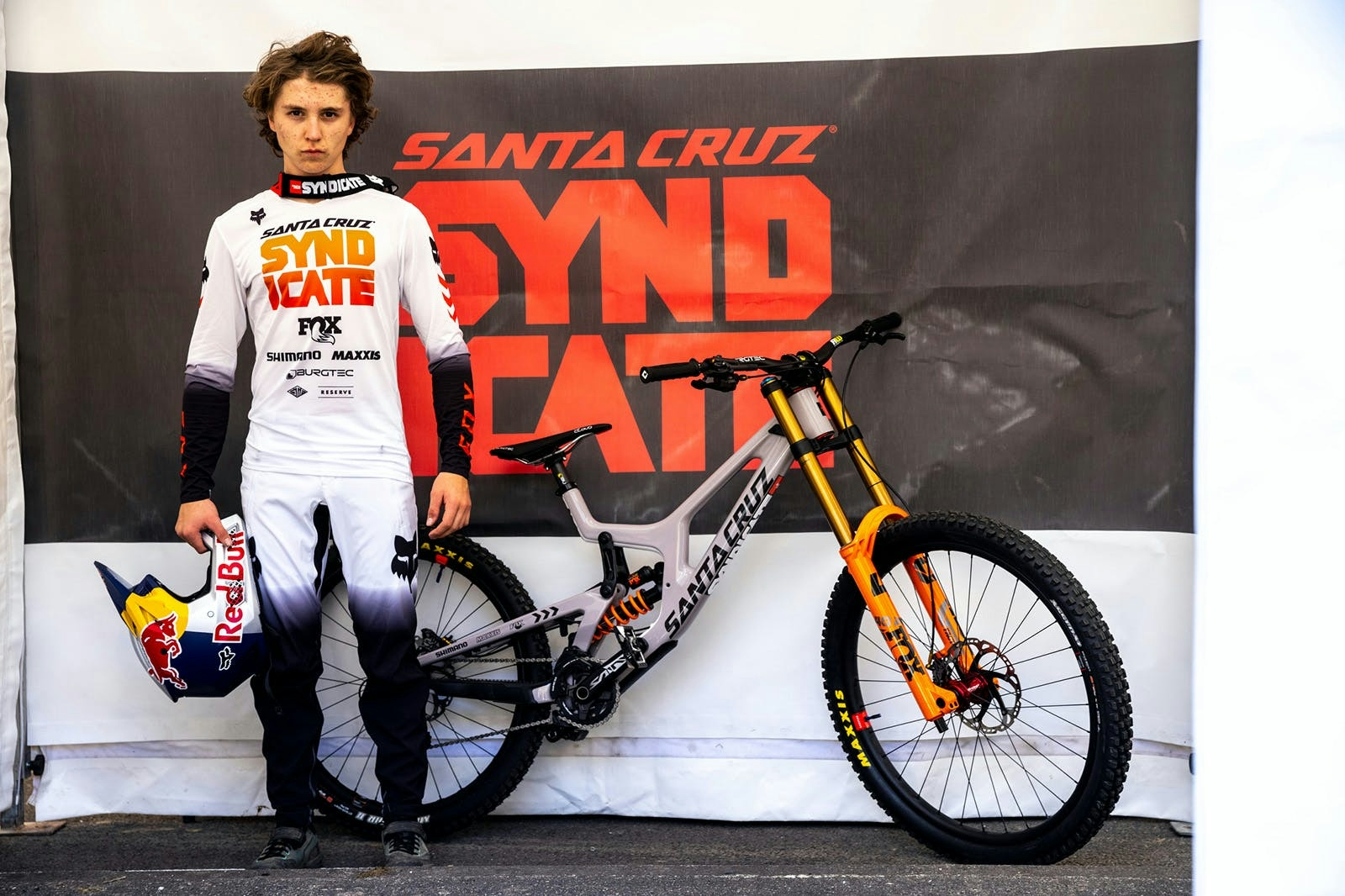 Jackson Goldstone and his custom painted Santa Cruz V10 Downhill Bike