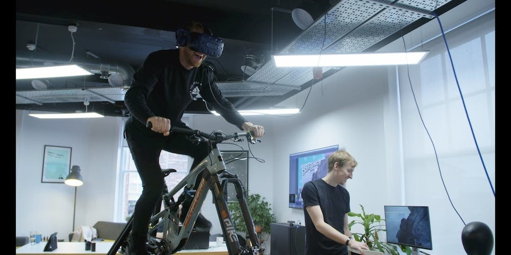 Danny MacAskill riding a virtual bike