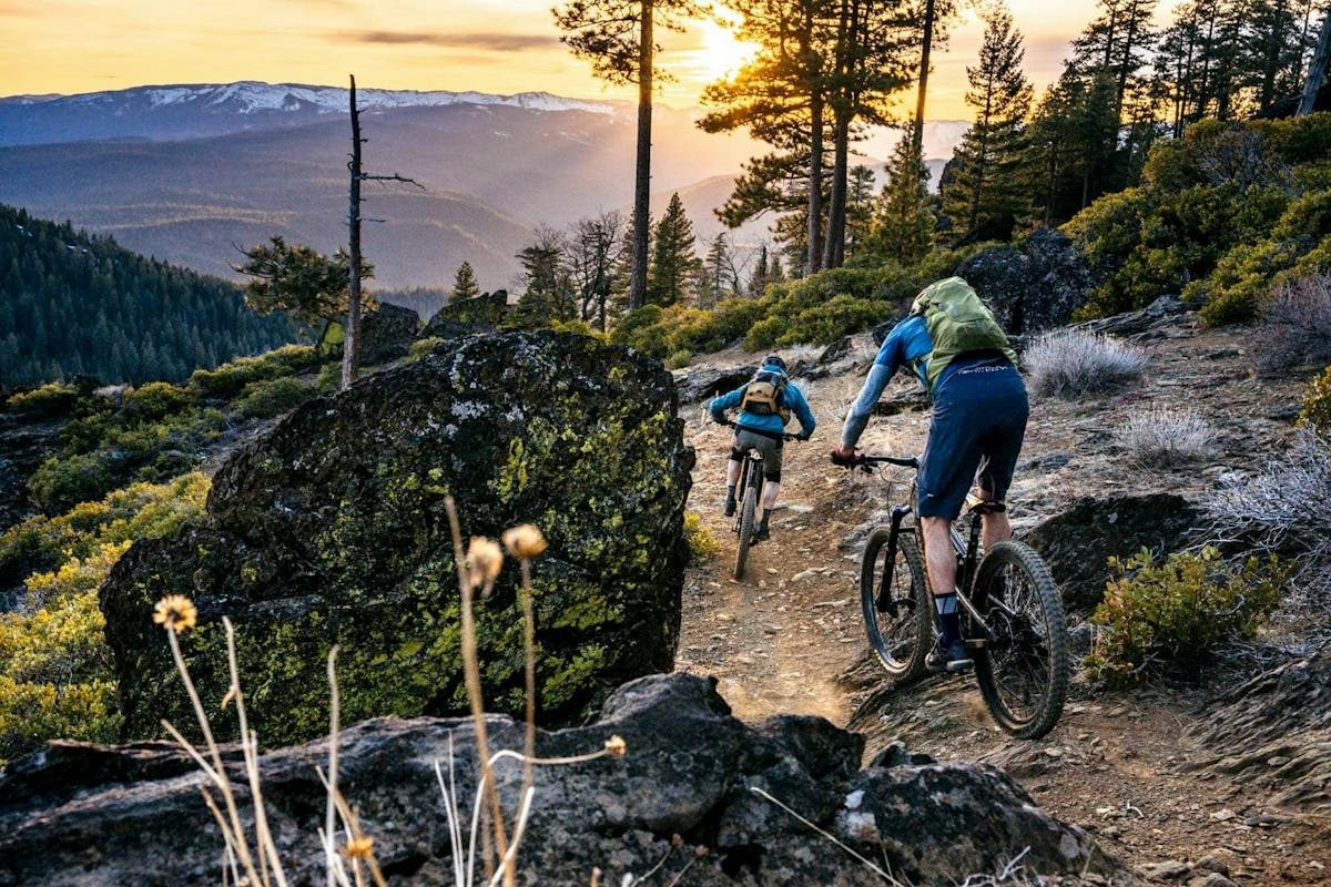 Two mountain bikers riding down a singletrack trail