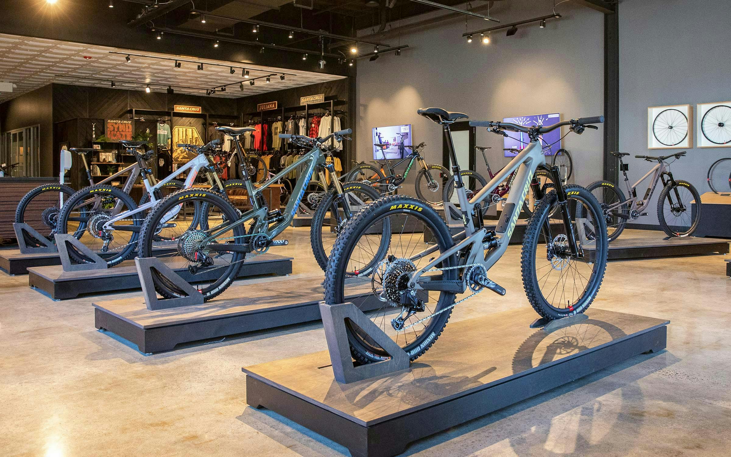 Inside the Santa Cruz Bicycles Showroom in Santa Cruz, California. Multiple Santa Cruz mountain bikes on display