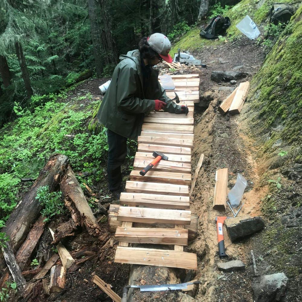 Whistler Off Road Cycling Association (WORCA) building a wood bridge in British Columbia