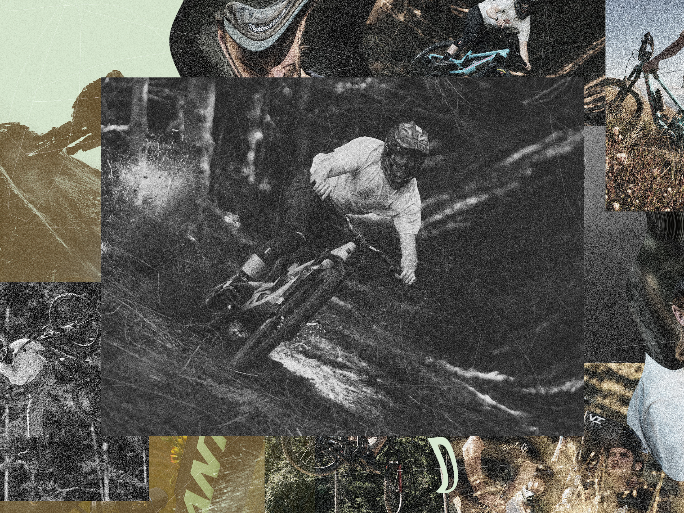 Collage of mountain biking images with a focus on action and equipment.