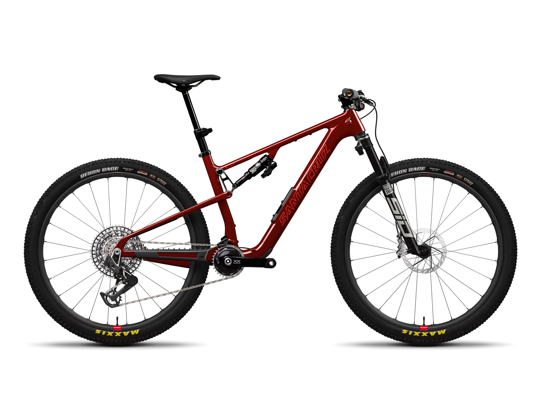 A red full-suspension mountain bike with black components, shown from a side profile on a white background with a soft shadow.