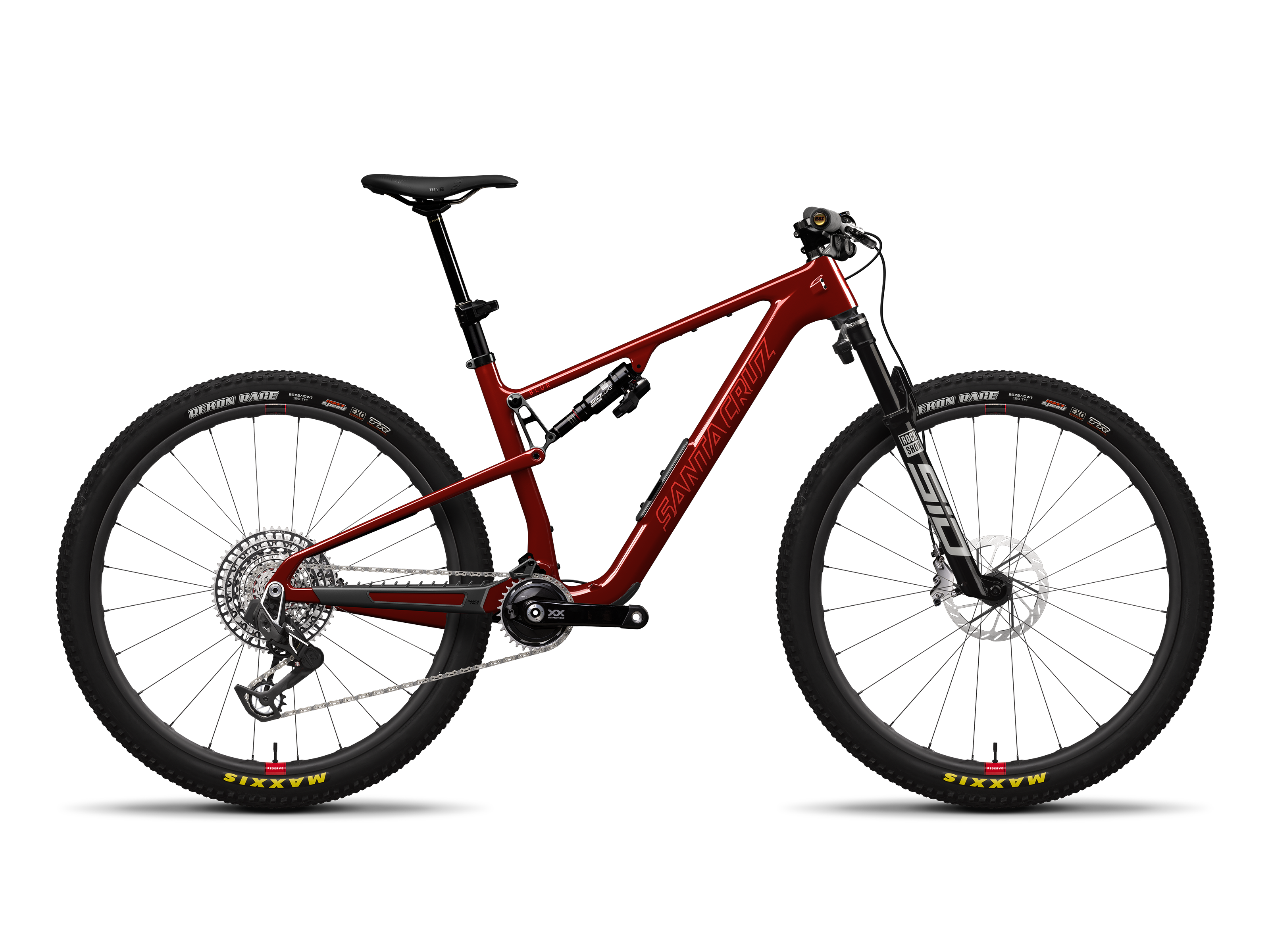 A red full-suspension mountain bike with black components, shown from a side profile on a white background with a soft shadow.