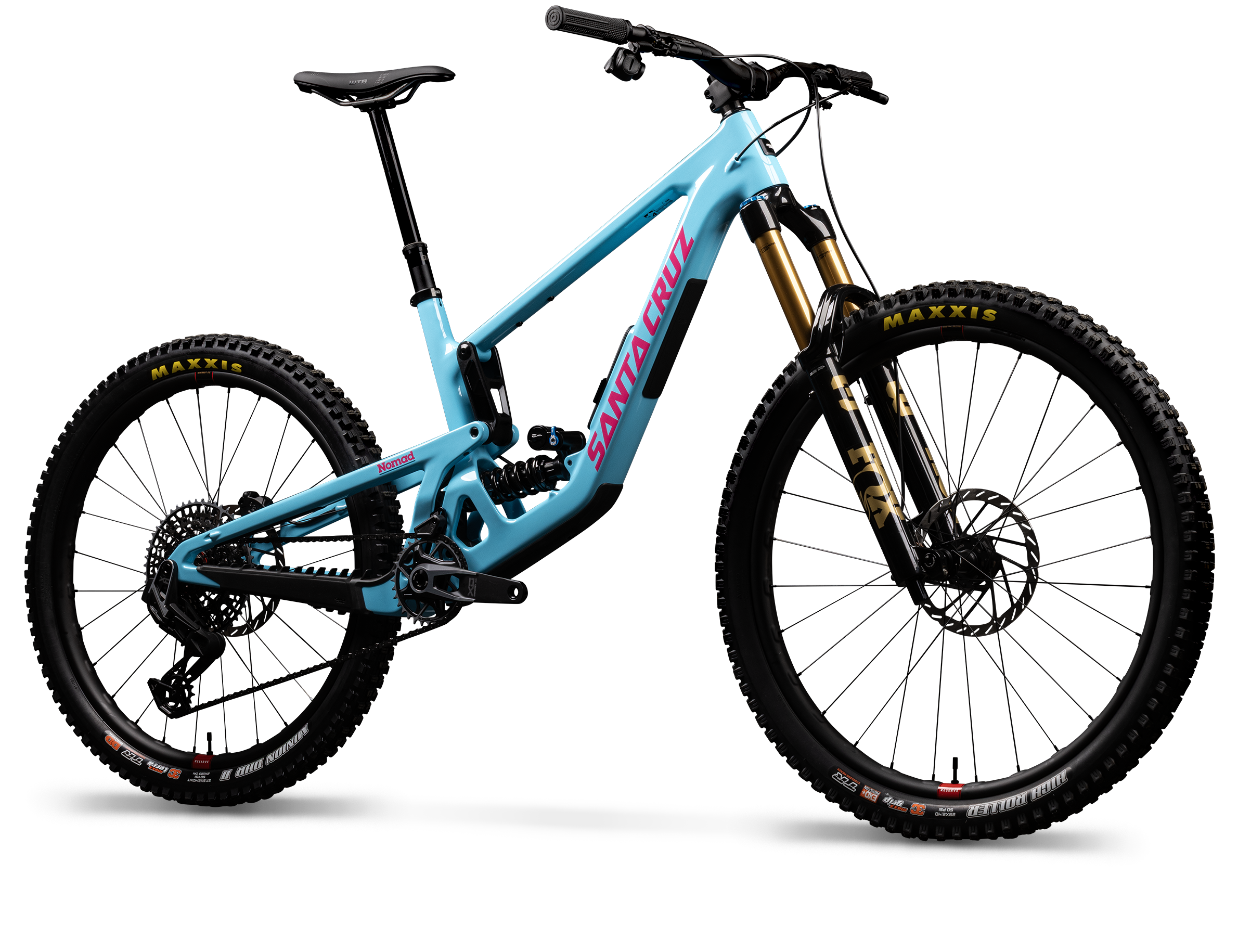 Blue mountain bike with visible branding on a white background
