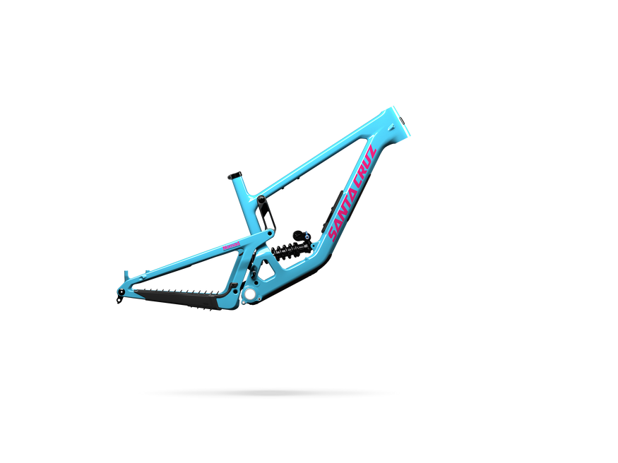 Blue mountain bike frame with 'Santa Cruz' branding on a white background