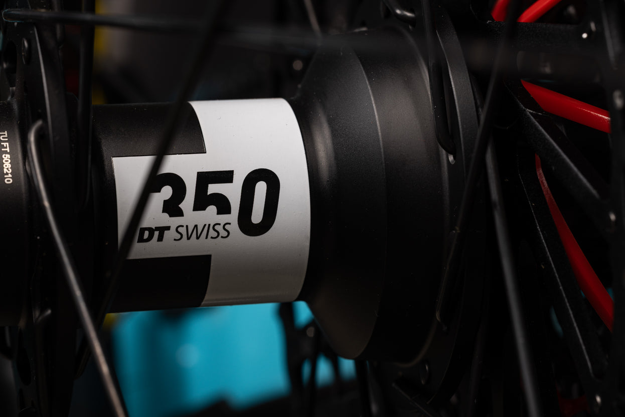 Close-up of a DT Swiss 350 bike wheel hub with blurred background