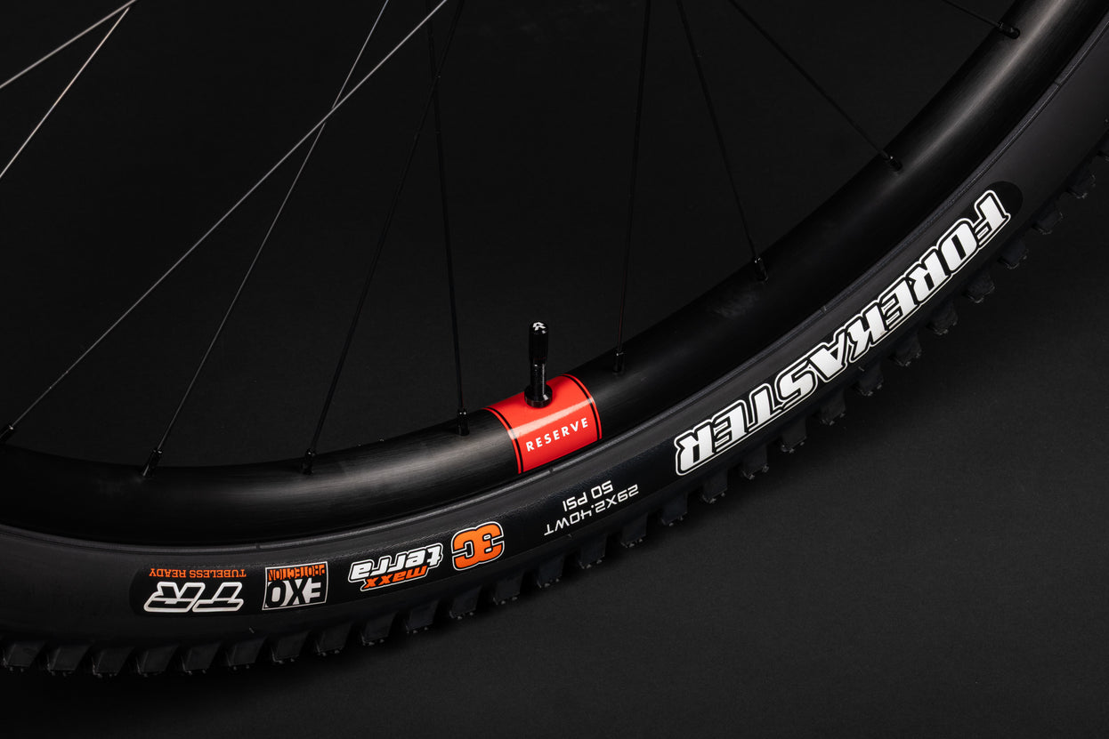 A bike rim, tubeless valve, and maxxis Forekaster tire