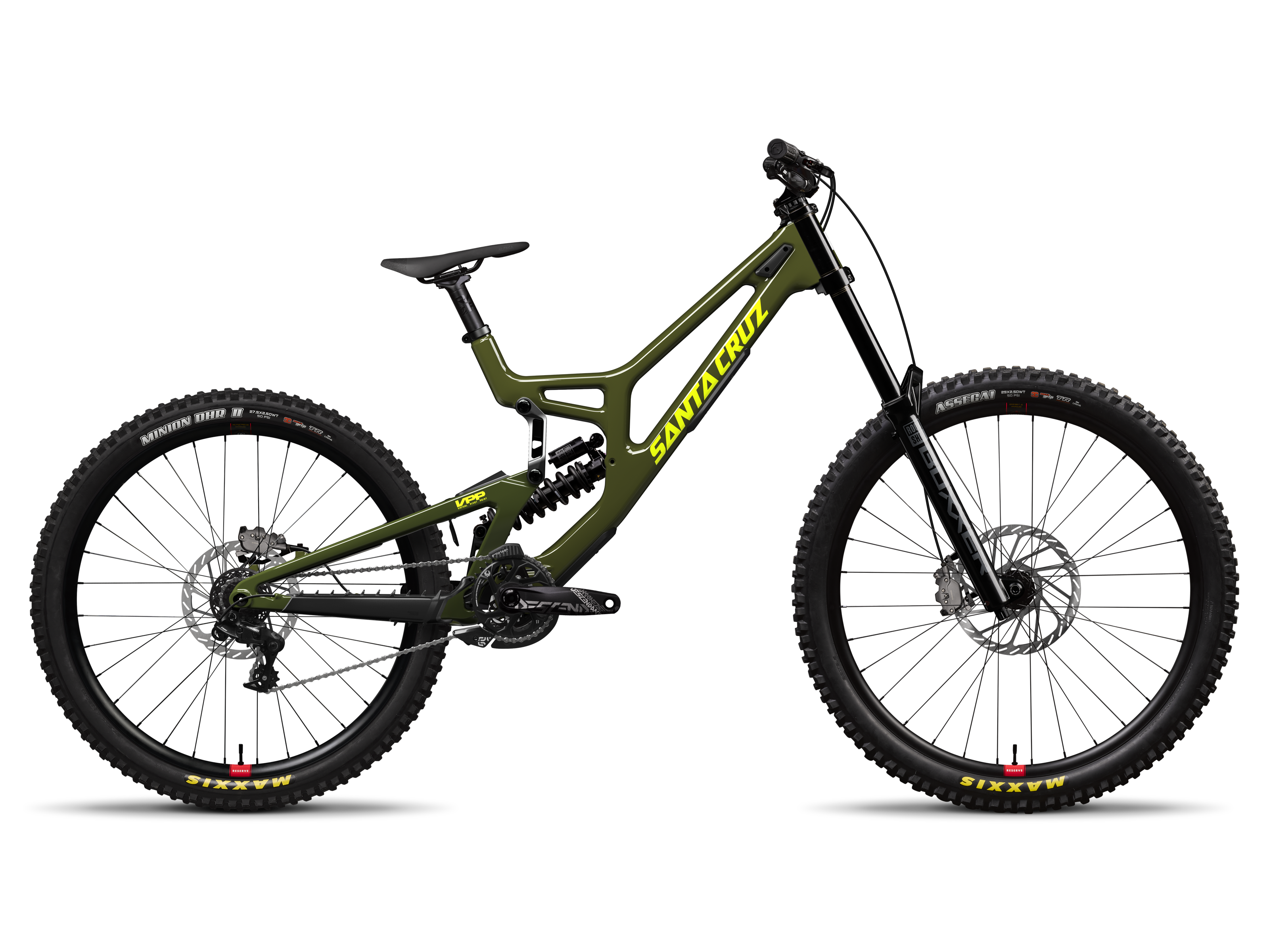 Green mountain bike with black components on a white background