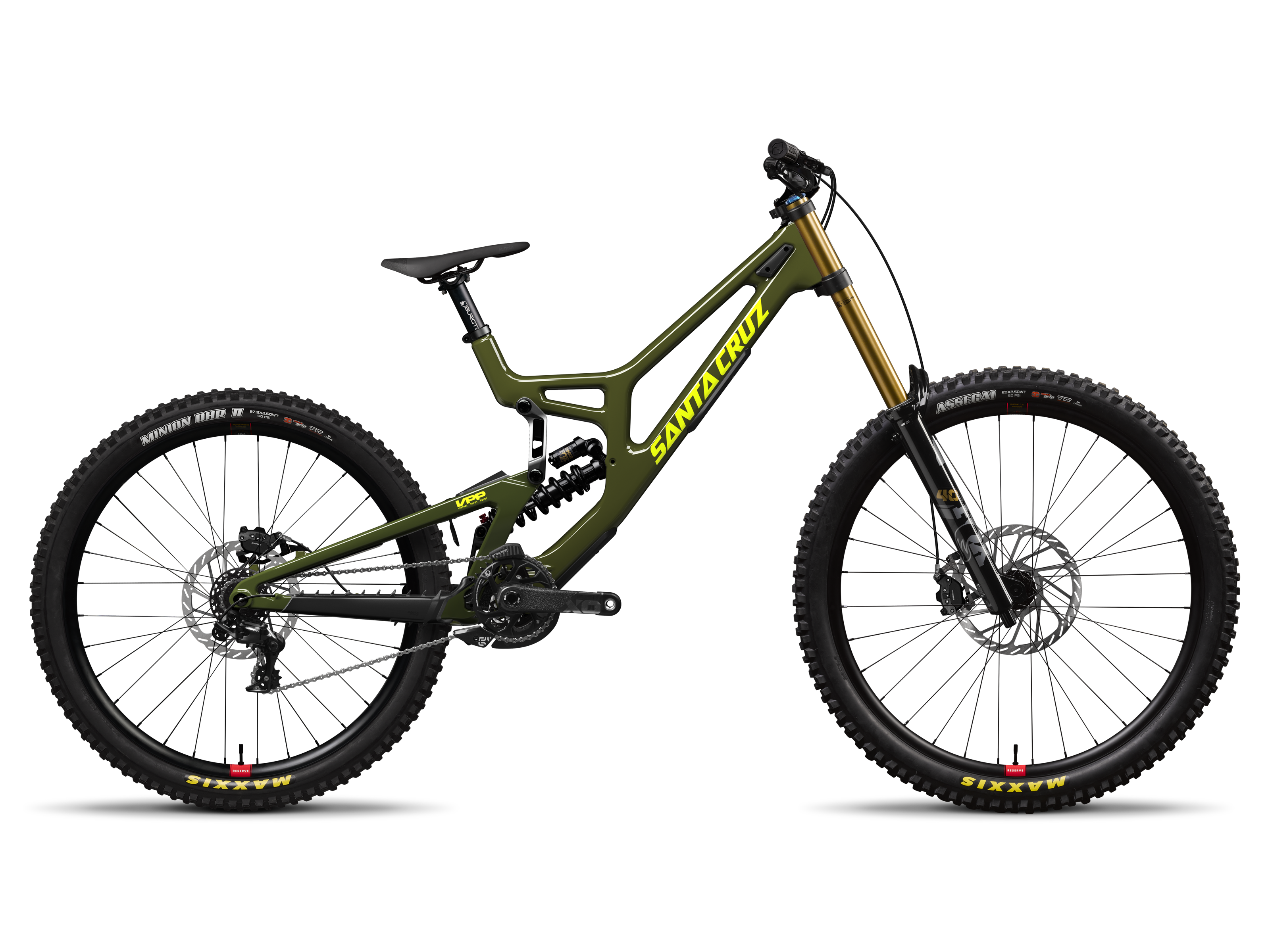Green mountain bike with 'Santa Cruz' branding on a white background