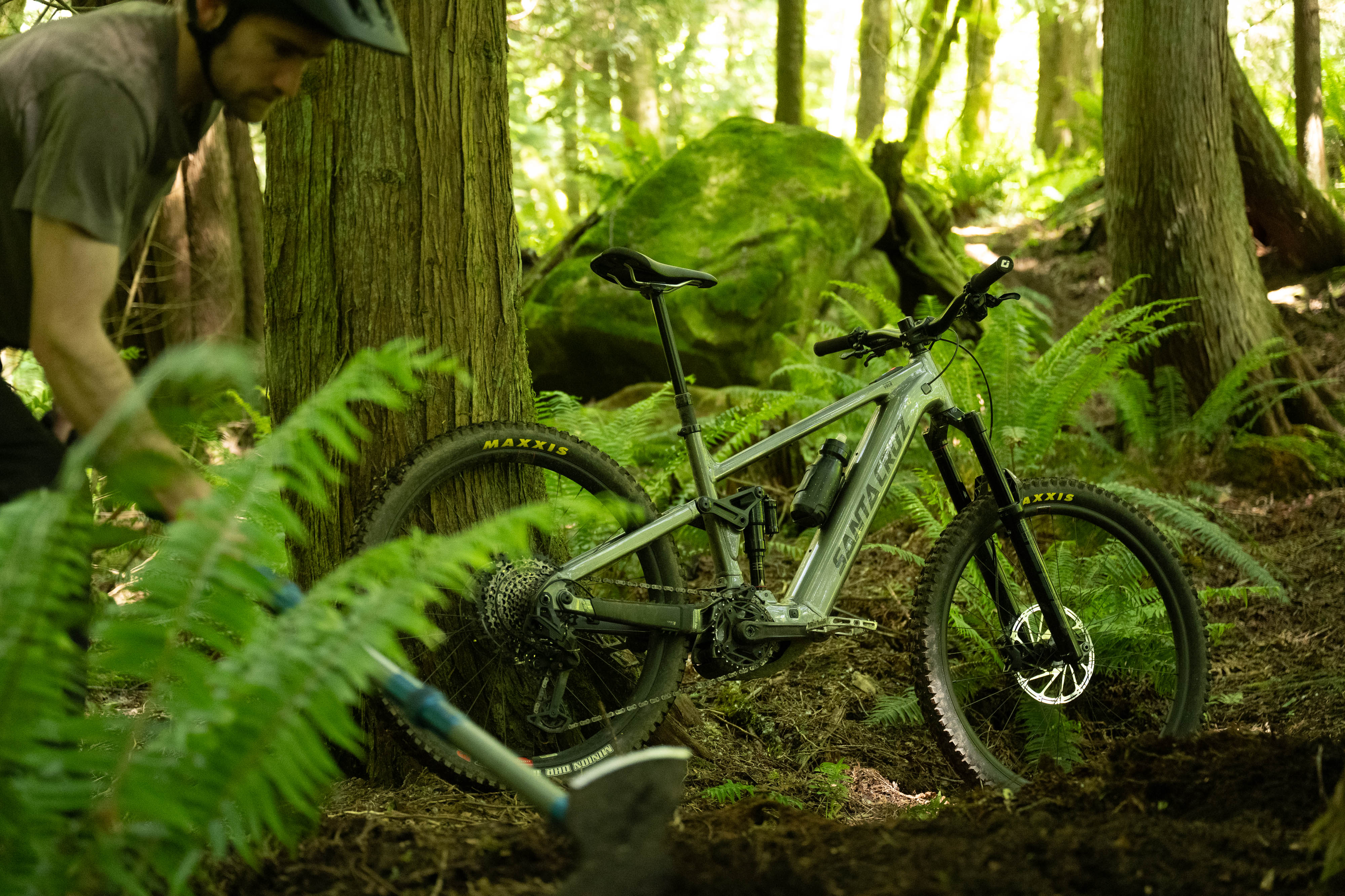 Person with a mountain bike in a forest setting
