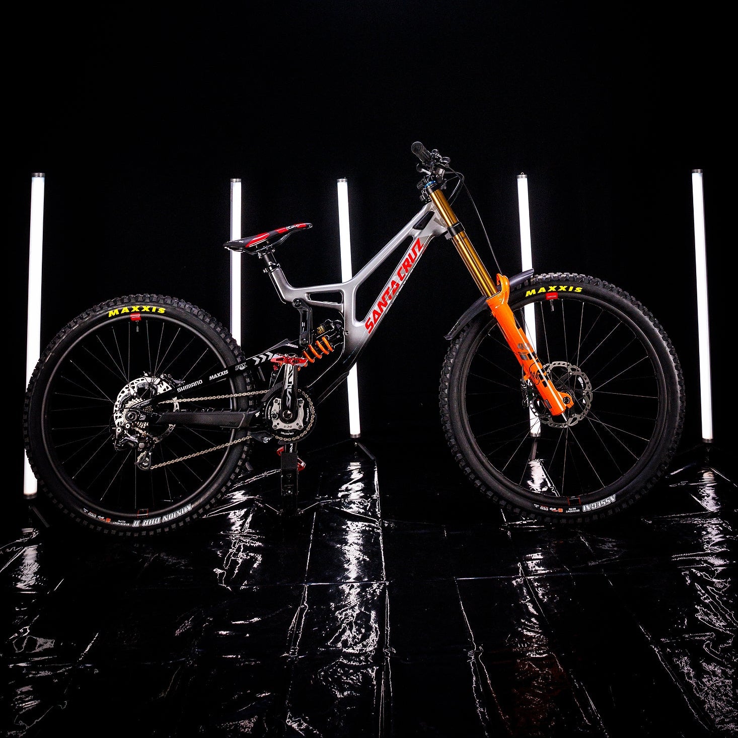 Mountain bike under a studio light with 'Godox' branding