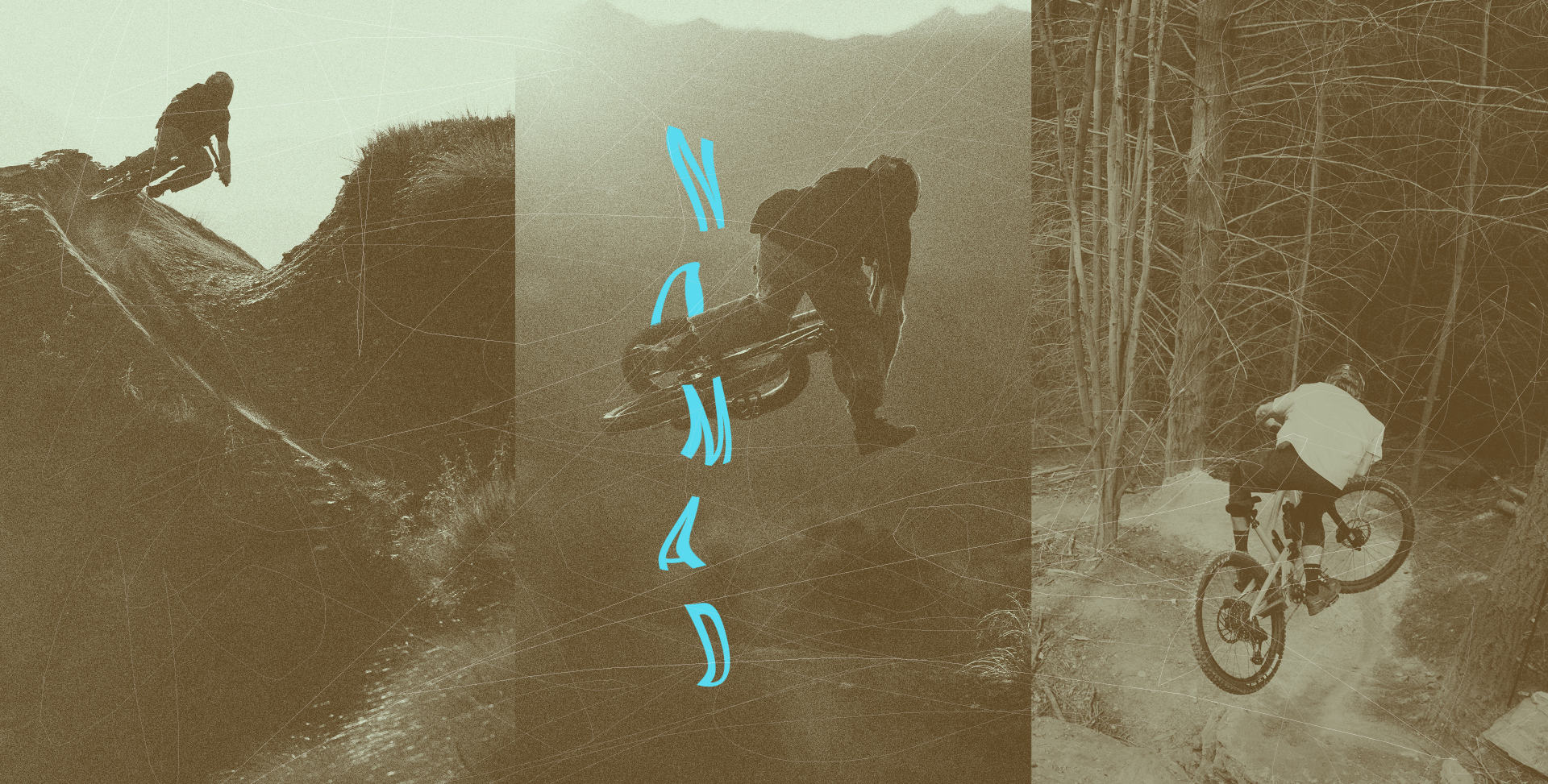 Three images showing a person riding a bike in different settings with a central blue text overlay.